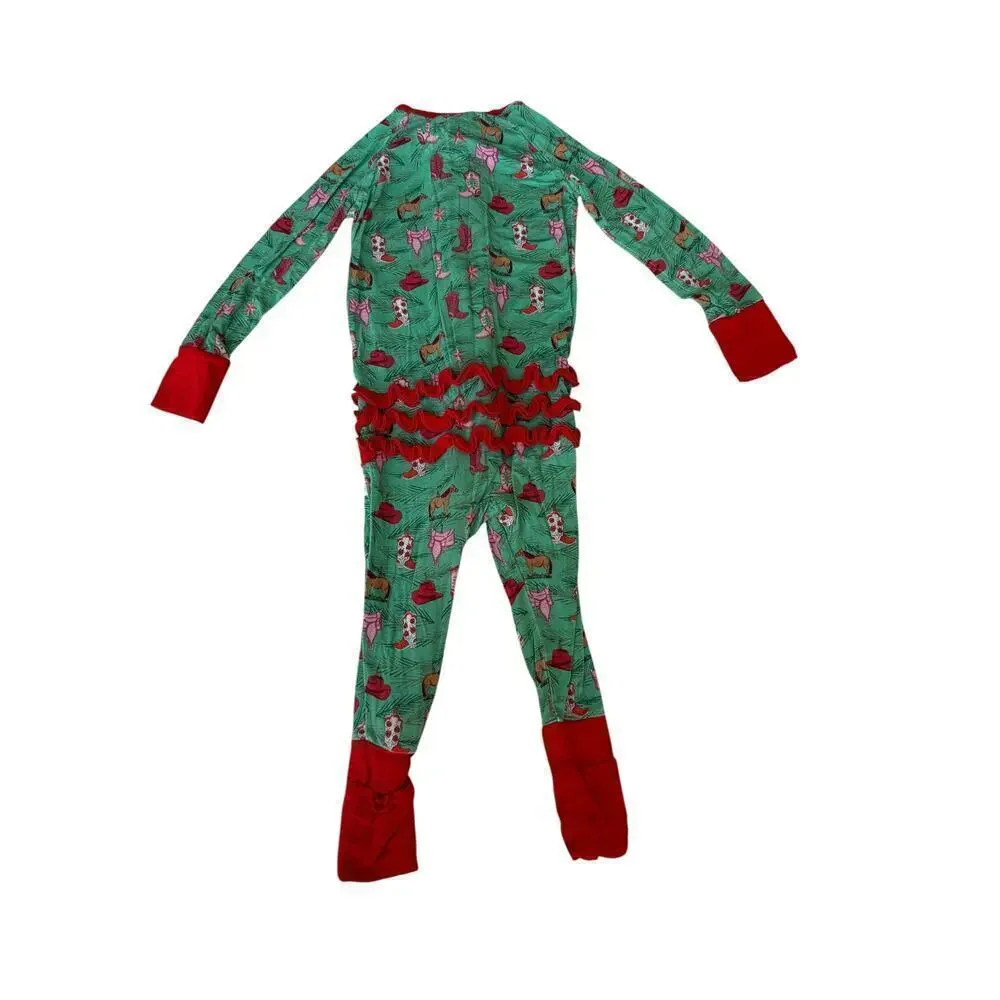 Poppy Kids Baby Green Cowgirl Christmas Bamboo Ruffle Romper Size 18-24 M